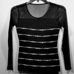 Beautiful Long Sleeves Black Mesh Sheer Top with Silver Beading Size: S-M